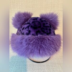 New Cozy Winter Deep Purple Leopard Print Faux Fur Hat w/ Bear Ears--Adult Size